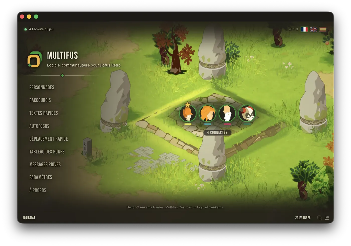 The Multifus window on Mac, with the menu of features on the left and four connected characters in the middle.